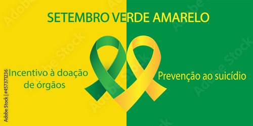 Green Yellow September organ donation and suicide prevention month in Portuguese language. Setembro verde amarelo vector. Yellow awareness ribbon.