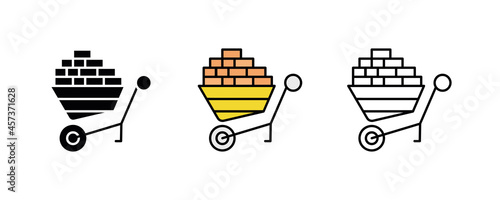Wheelbarrow and brick construction icon set. Engineering icon. Art vector illustration set. Editable row set. Silhouette, colored and linear icon set.