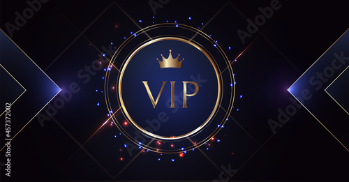 VIP Party Invitation with Gold Crown and Sequins. Radiance and light on a dark background. Premium invitation card. Grand opening banner. Gold luxury elegant vip. Vector