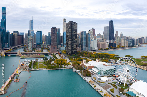 Aerial view of Chicago Illinois skyline over Navy Pier photo