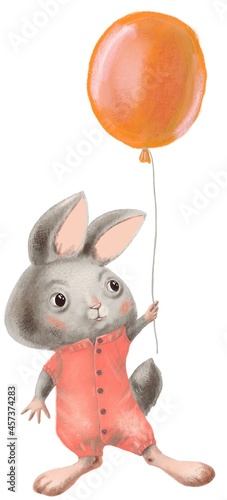 Watercolor cute bunny character with balloon