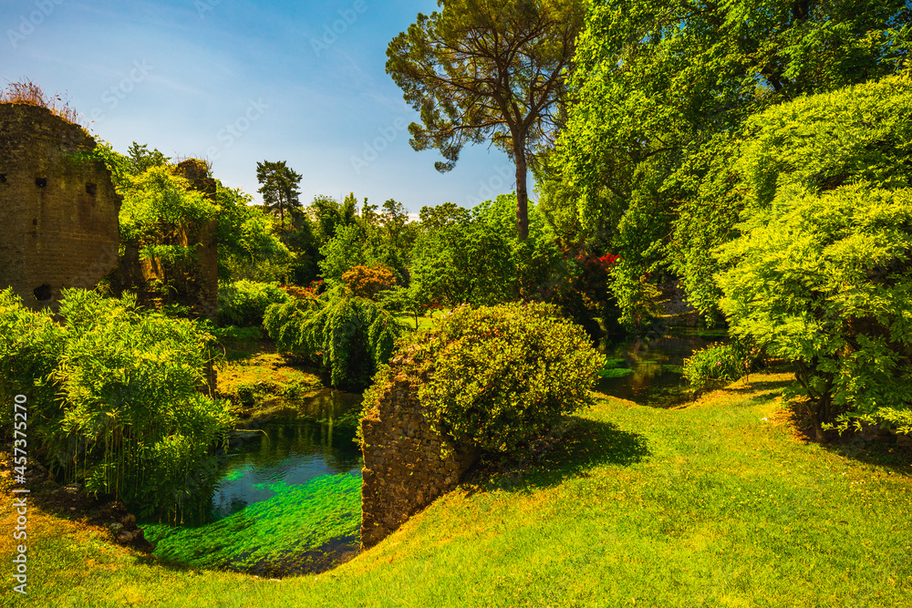 Medieval ruins in an enchanted garden, Giardini di Ninfa, Latina, Rome
