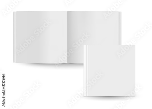 Vector realistic set of empty books. Mockup with hardcover. Open and closed square template. 3d vector illustration. Blank Magazine, album, catalog on white background. front view. EPS10.