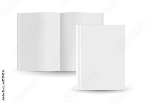 Vector realistic set of empty books. Mockup with hardcover. Open and closed rectangular template. 3d vector illustration. Blank Magazine, album, catalog on white background. front view. EPS10. 