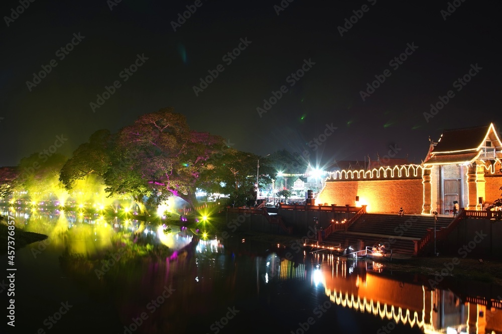 Night light show in Loy Krathong Festival at lamphun ,Thailand