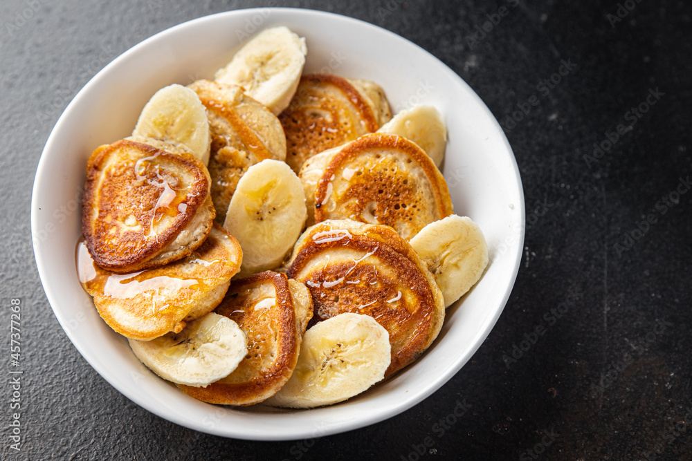 pancakes banana breakfast slice fruit syrup honey delicious sweet dessert fresh portion meal snack on the table copy space food background rustic pancakes banana breakfast slice fruit syrup honey delicious sweet dessert fresh portion meal snack on the table copy space food background rustic