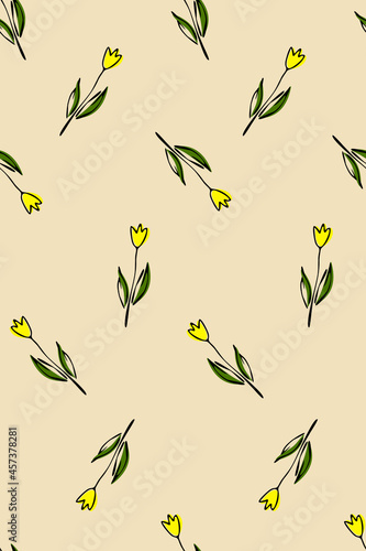 Seamless Pattern Flowers Tulips hand drawn vector. Spring garden flower black contours isolated on light beige background. Botanical doodle plants hand drawing