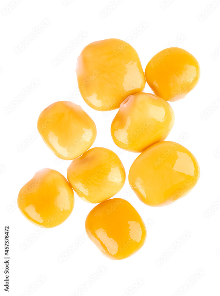 Pickled yellow lupine beans isolated on white background. Tournus, preserved lupinus. Top view. Pickled yellow lupine beans isolated on white background. Tournus, preserved lupinus. Top view.