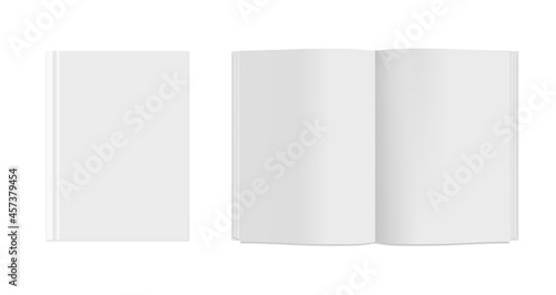 Vector realistic set of empty books. Mockup with hardcover. Open and closed. 3d vector illustration. front view. EPS10. 