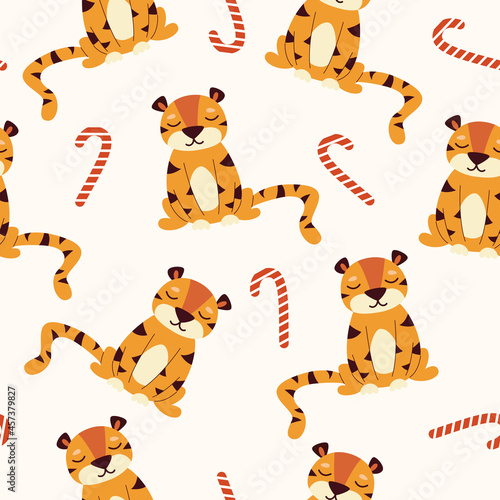 Seamless pattern with cartoon sleepy tiger sitting. Vector flat illustration.