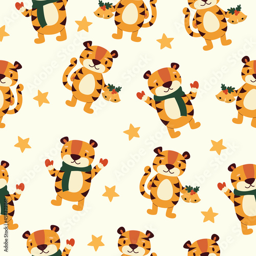 Seamless pattern with cartoon different tigers on a beige background. Vector flat illustration.