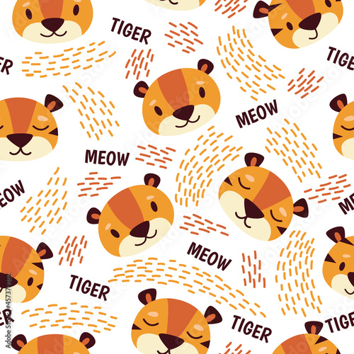 Seamless pattern with cute cartoon tiger and abstract design. Vector flat illustration. Background, wallpaper, textile print, clothing