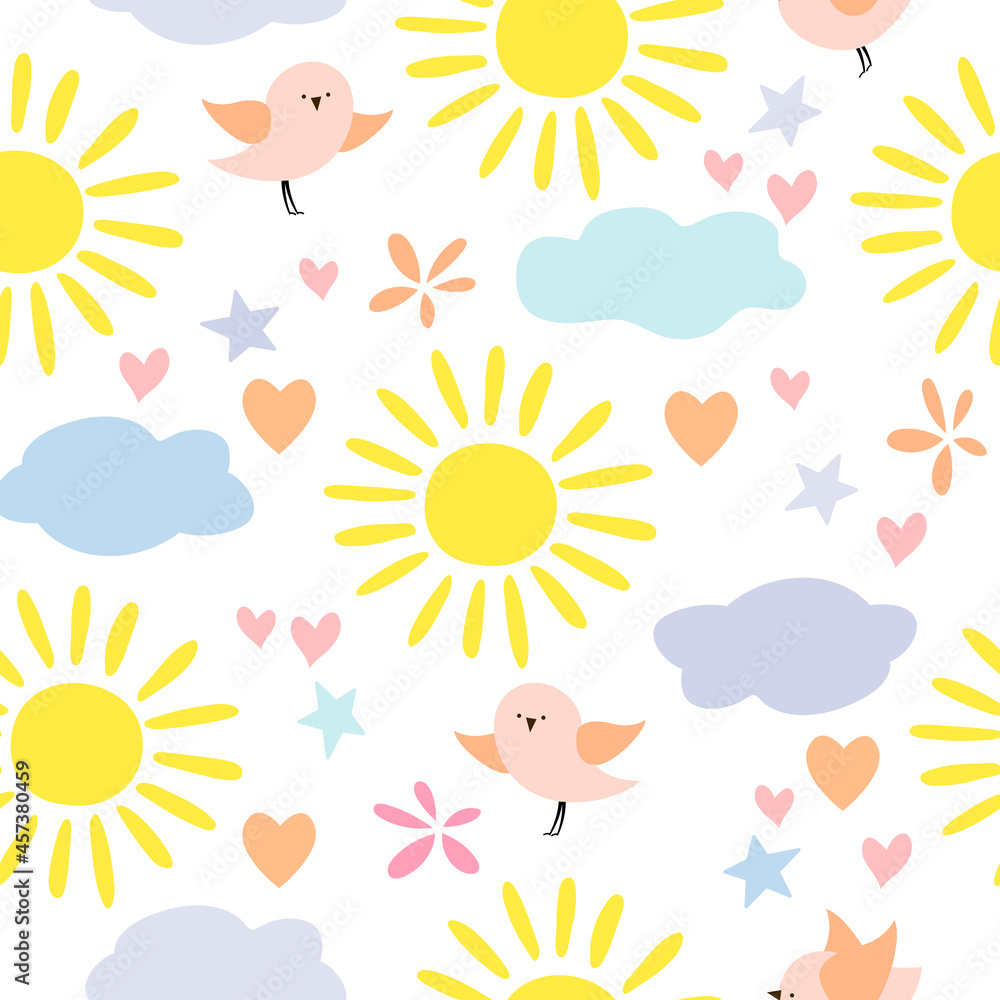 Fototapeta premium seamless childish pattern of sun, clouds, birds, hearts doodle drawing hand sketch. Children's drawing. Print for children's clothing, fabric, paper