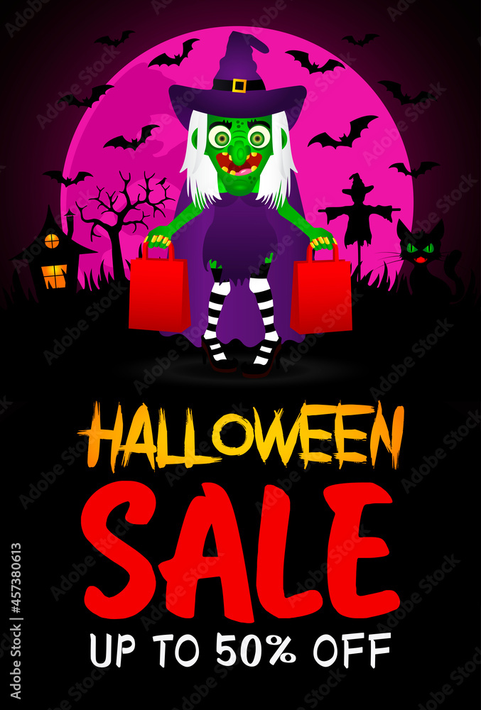 Halloween sale poster, banner with funny scary witch. Sale Halloween graphic design. Vector illustration Halloween sale poster, banner with funny scary witch. Sale Halloween graphic design. Vector illustration