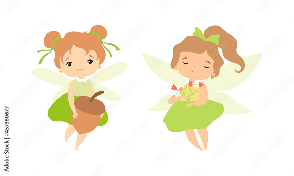 Little Fairy or Pixie with Wings as Woodland Nymph Hovering with Flowers and Acorn Vector Set Little Fairy or Pixie with Wings as Woodland Nymph Hovering with Flowers and Acorn Vector Set
