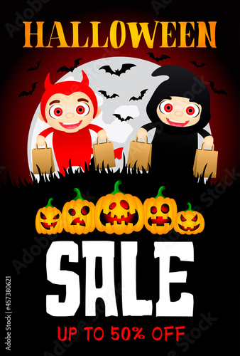 Halloween Sale poster with funny scary pumpkins. Funny kids in Halloween costumes devil and grim Reaper. Halloween sale banner design with 50 Discount. Vector illustration