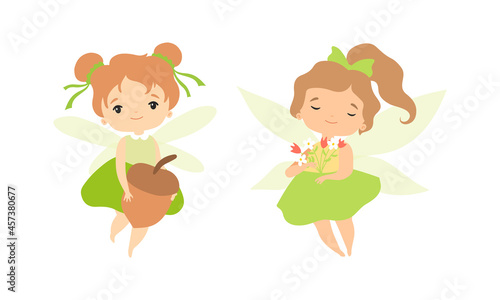 Little Fairy or Pixie with Wings as Woodland Nymph Hovering with Flowers and Acorn Vector Set