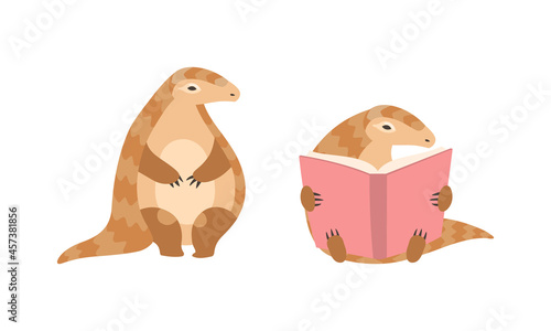 Pangolin or Scaly Anteater with Clawed Paw Sitting and Reading Book Vector Set