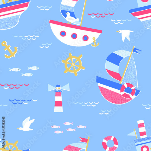 Seamless baby nautical pattern with ships, anchor and waves.