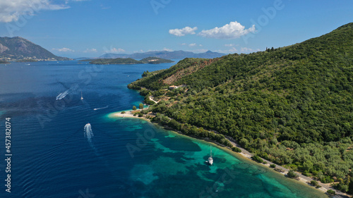 Aerial drone photo of paradise turquoise beach of Amoglossa meaning a sand tongue with crystal clear sea, Ionain, Greece © aerial-drone
