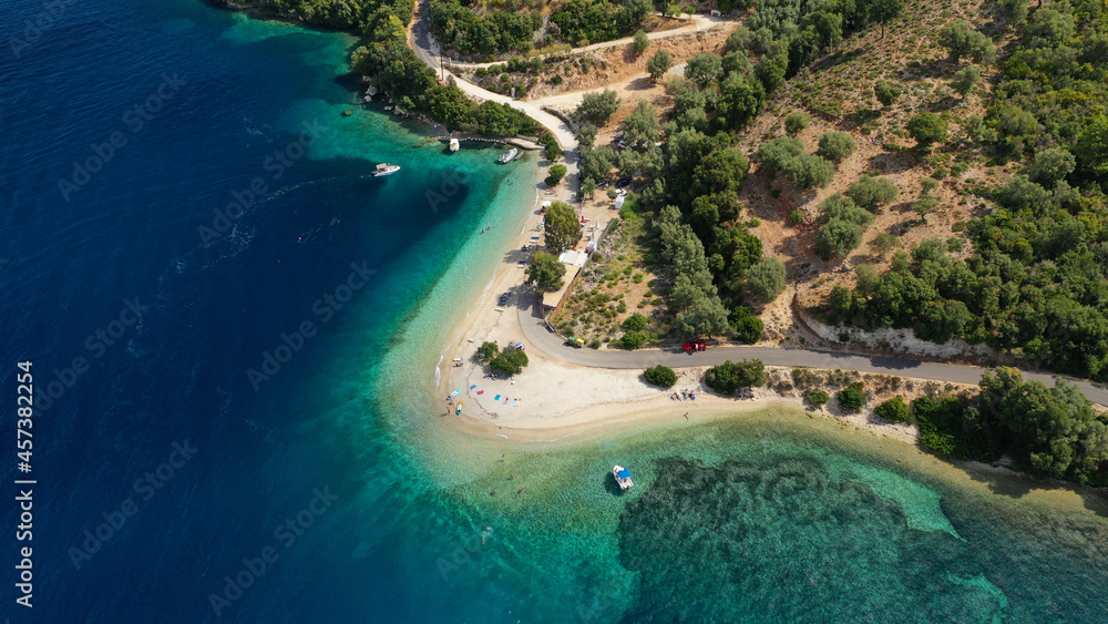 Aerial drone photo of paradise turquoise beach of Amoglossa meaning a sand tongue with crystal clear sea, Ionain, Greece - obrazy, fototapety, plakaty 