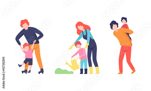 Man and Woman Parent Bringing up Kids Vector Set