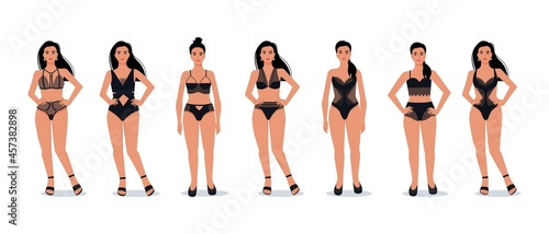 Stylish girls dressed in different styles of lace lingerie. Black lace lingerie. Vector illustration in flat style.