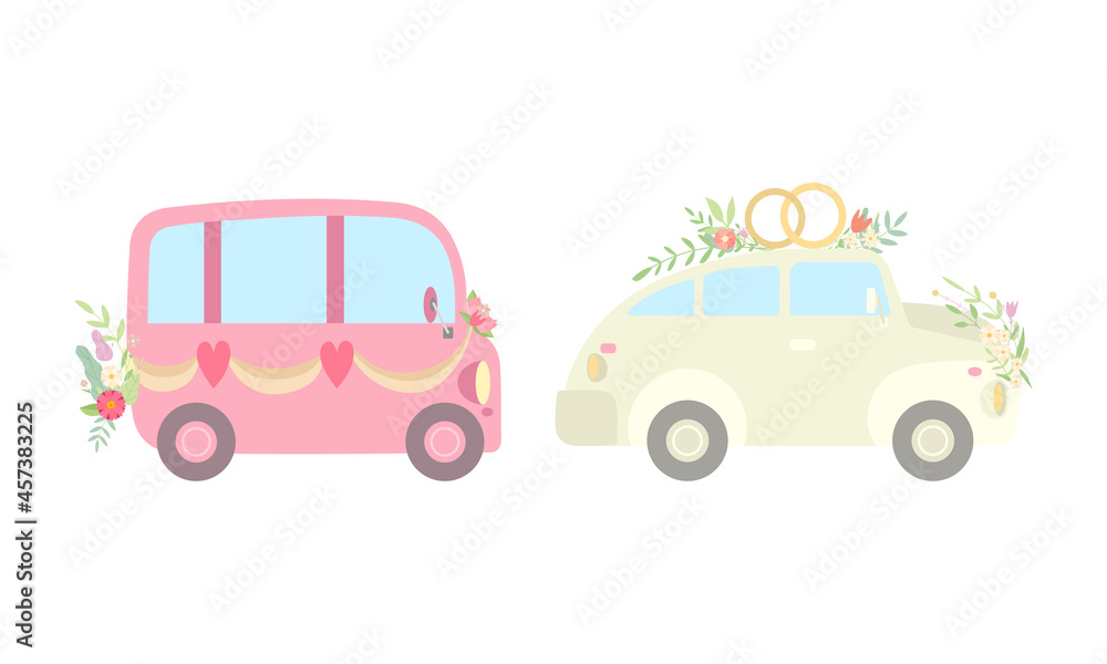 Vintage Car Decorated with Flowers and Rings as Wedding Retro Vehicle Vector Set