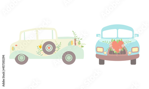 Vintage Car Decorated with Flowers and Heart as Wedding Retro Vehicle Vector Set