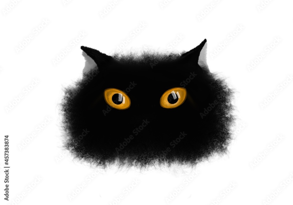 Illustration of a black cat with large amber eyes. Watercolor animal. Drawing in ink. Print for printing. Dark-colored kitty. Silhouette of a kitten.