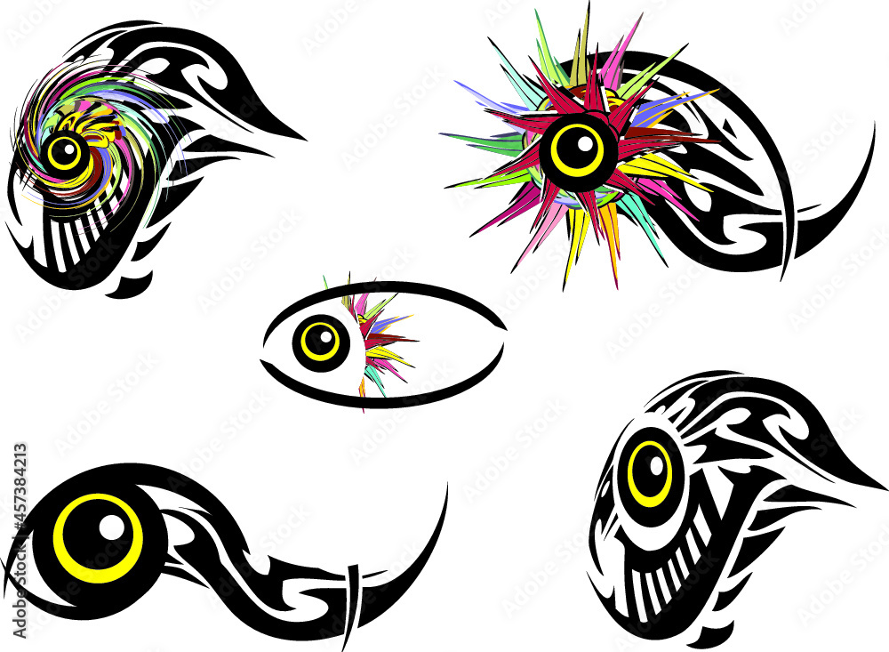 Exotic fish symbols on white for logos or emblems. Colored fish icons with star elements and huge eye for business concepts, textiles, prints, stickers, restaurant menu, tattoos, embroidery, etc.