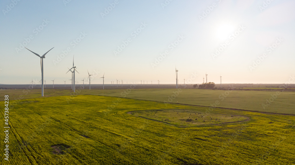 General view of wind turbines in countryside landscape with cloudless sky General view of wind turbines in countryside landscape with cloudless sky