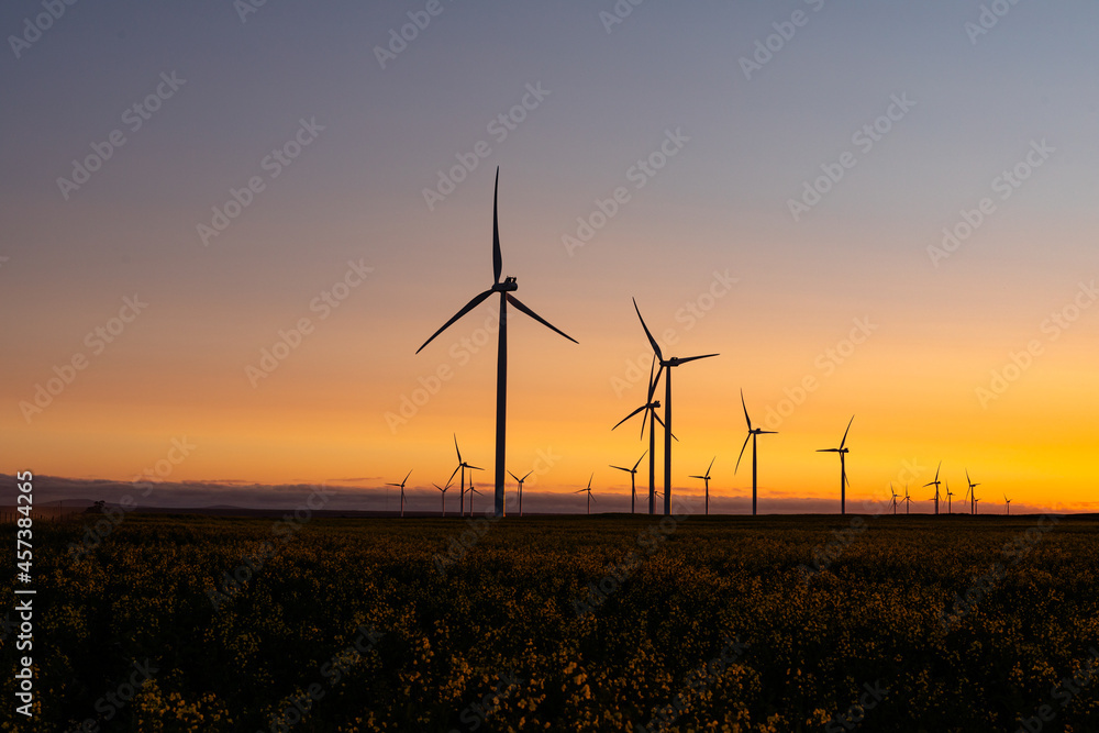 Obraz premium General view of wind turbines in countryside landscape during sunset