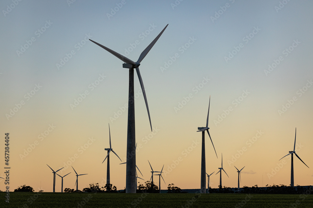 General view of wind turbines in countryside landscape with cloudless sky