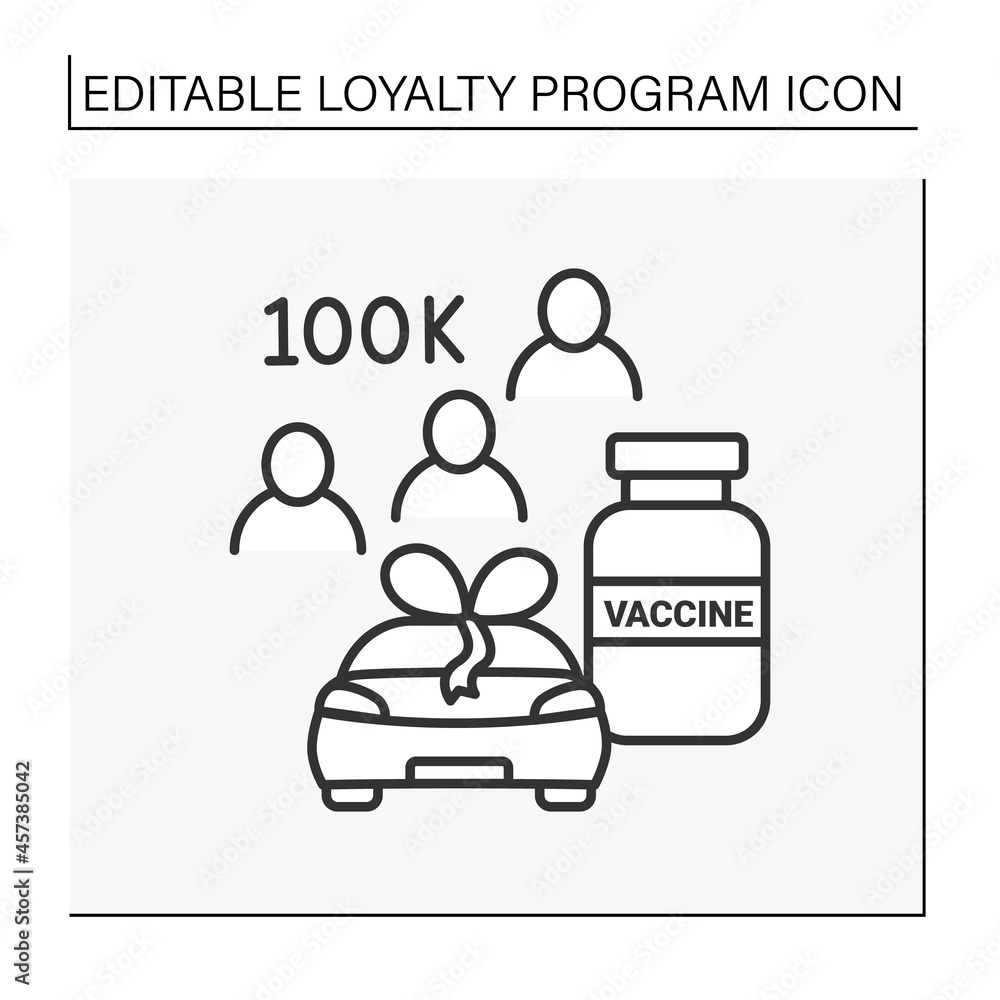 Loyalty program line icon. 100k customers. Automobile and vaccine to covid19. Shopping concept. Isolated vector illustration. Editable stroke Loyalty program line icon. 100k customers. Automobile and vaccine to covid19. Shopping concept. Isolated vector illustration. Editable stroke