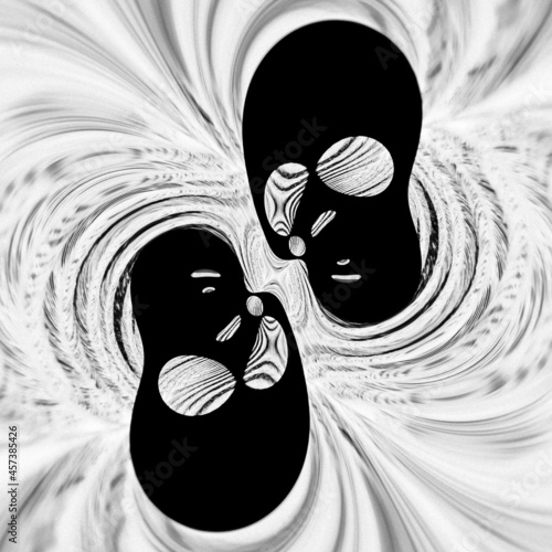 Two black scary skulls symmetrically located inside a square on a white background with circular patterns, a kaleidoscope photo