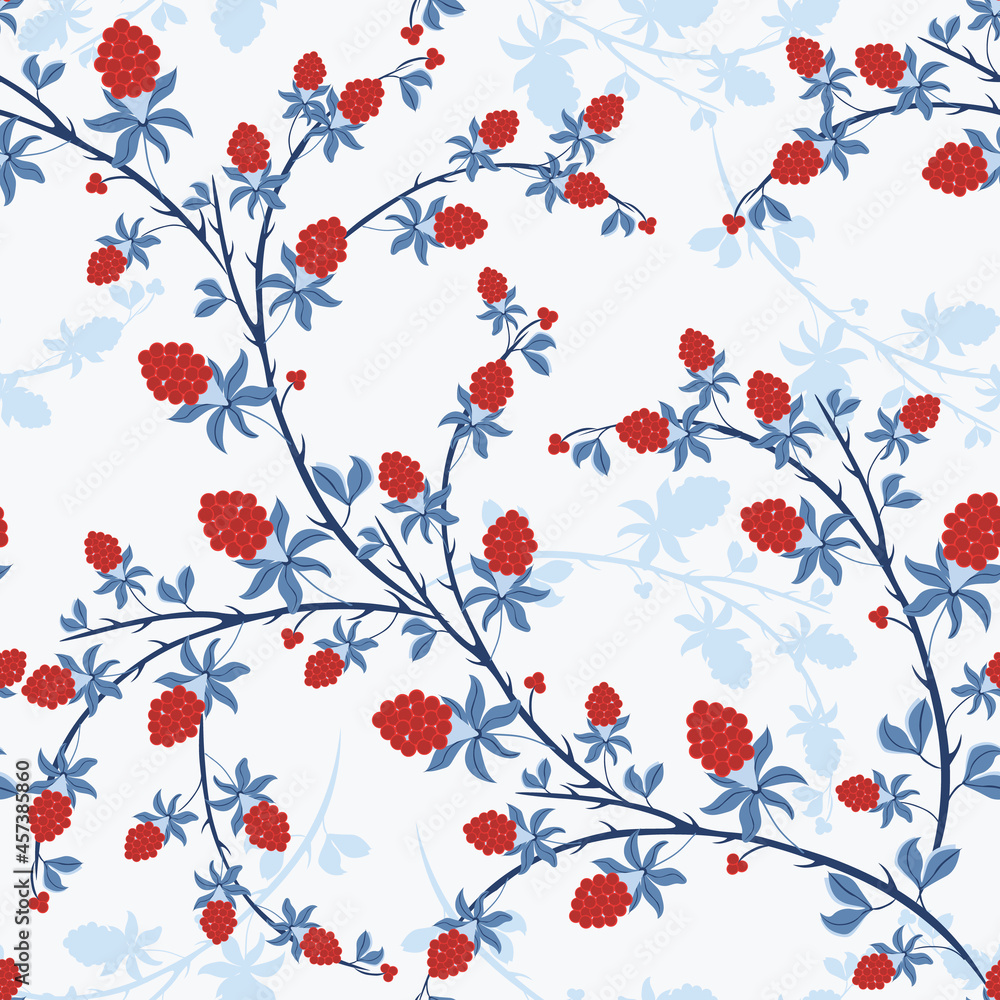  Abstract floral background. Seamless stylish pattern with elements of blackberries or raspberries in blue and red colors. Repeating design for wallpaper, packaging, textile, print, cover