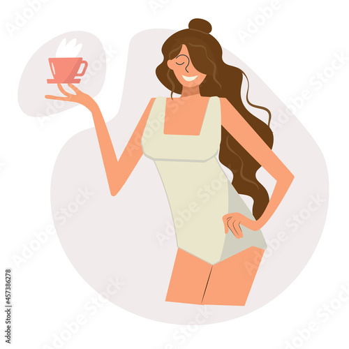 Happy young girl in a nightgown starts her morning with coffee. Young woman closed her eyes in pleasure. Home lifestyle, cozy environment. Isolated vector design in flat style. Delicate natural shades