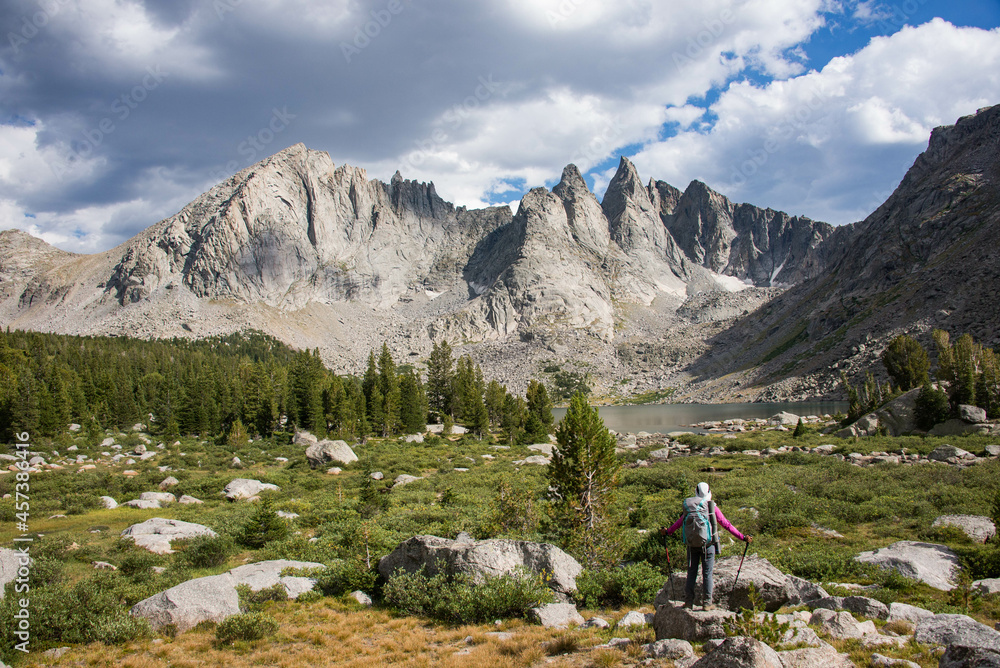 Trekking to the breathtaking Cirque of Towers, seen from Shadow Lake, Wind River Range, Wyoming, USA