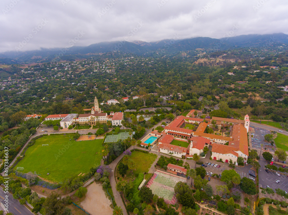 Old Mission Santa Barbara aerial view at 2201 Laguna Street in city of Santa Barbara, California CA, USA. This mission was built in 1820 with Spanish Colonial style. 