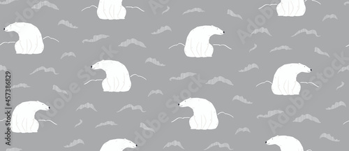 Cute polar bears, northern lights, winter seamless pattern on gray background. Hand drawn vector illustration. Arctic wildlife. Design concept for kids textile, fashion print, wallpaper, packaging.
