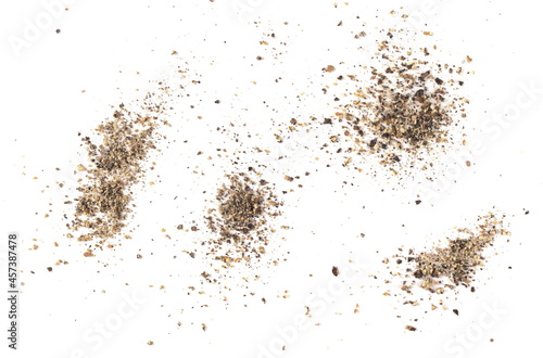 Set ground black pepper powder isolated on white background, top view