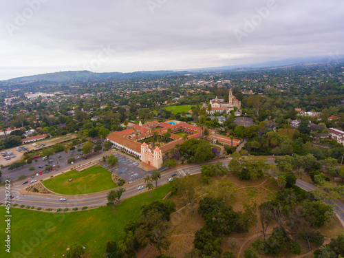 Old Mission Santa Barbara aerial view at 2201 Laguna Street in city of Santa Barbara, California CA, USA. This mission was built in 1820 with Spanish Colonial style. 