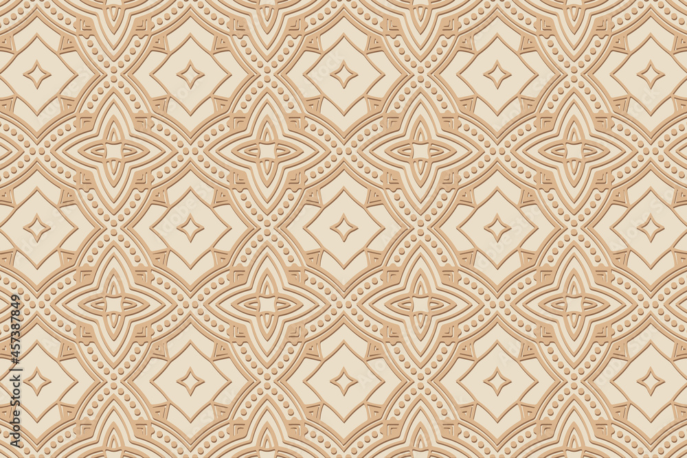 Geometric volumetric convex ethnic 3D pattern. Embossed artistic beige background, art deco. Cut paper effect, arabesque. Oriental, Indonesian, Asian motives. Geometric volumetric convex ethnic 3D pattern. Embossed artistic beige background, art deco. Cut paper effect, arabesque. Oriental, Indonesian, Asian motives.