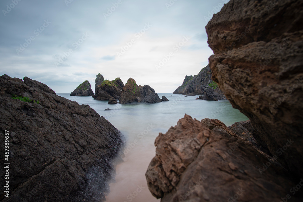 Sunset in Laga beach,Urdaibai nature reserve Basque country, Spain. Beautiful beach for surfing and bathing