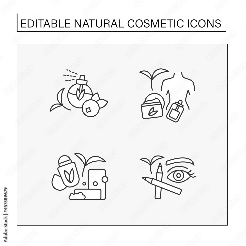 Natural cosmetic line icons set. Organic soap and deodorant, perfume, brow and eye pencil, serum for body moisturizing. Self-care concept. Isolated vector illustrations. Editable stroke