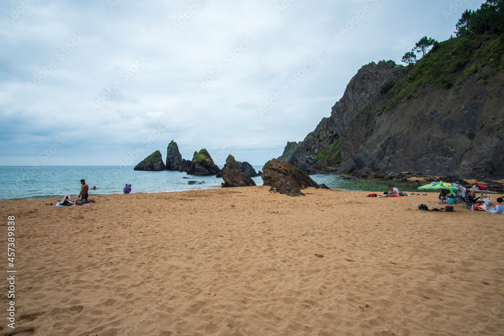 Sunset in Laga beach,Urdaibai nature reserve Basque country, Spain. Beautiful beach for surfing and bathing