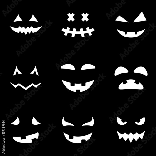 Scary and Funny Faces for Halloween Pumpkin Silhouette Icon on Black Background. Halloween Horror Emotions Icon. Spooky Faces of Ghost Glyph Pictogram. Isolated Vector Illustration