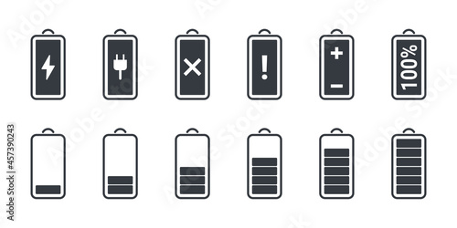 Charging icons concept. Phone charging indicator. The battery is charging signs. Black battery charging status icons. Vector illustration