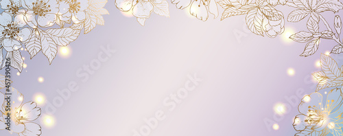 Luxurious golden wallpaper with flowers. Banner with background. Blue and lilac watercolor colors. Golden cherry color with a shiny light texture. Modern art mural wallpaper. Vector illustration.